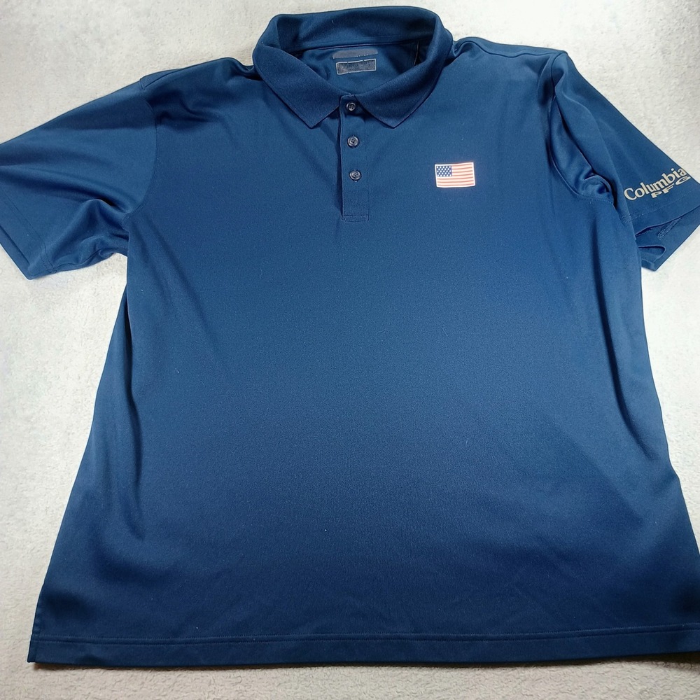Columbia Mens‎ PFG Polo Navy Blue XL American Flag Patch Performance Shirt